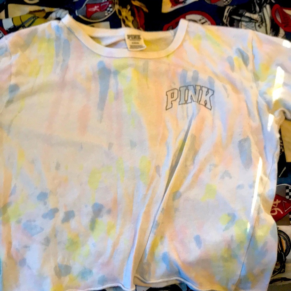 Medium pink crop top blue, yellow, pink.